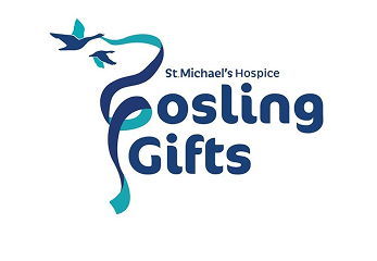 St Michael's Hospice Gosling Gifts logo with two teal birds and a ribbon.