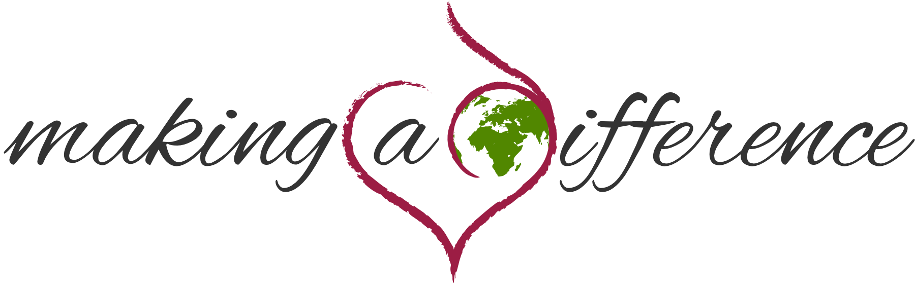 "Making a difference" logo, a magenta heart cradles a green globe.