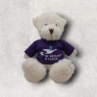 White teddy bear wearing a purple shirt with &amp;quot;St Michael's Hospice&amp;quot; logo.