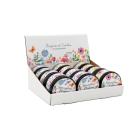 Display of twelve 'Springtime Blooms' fragrant candles in floral tins.