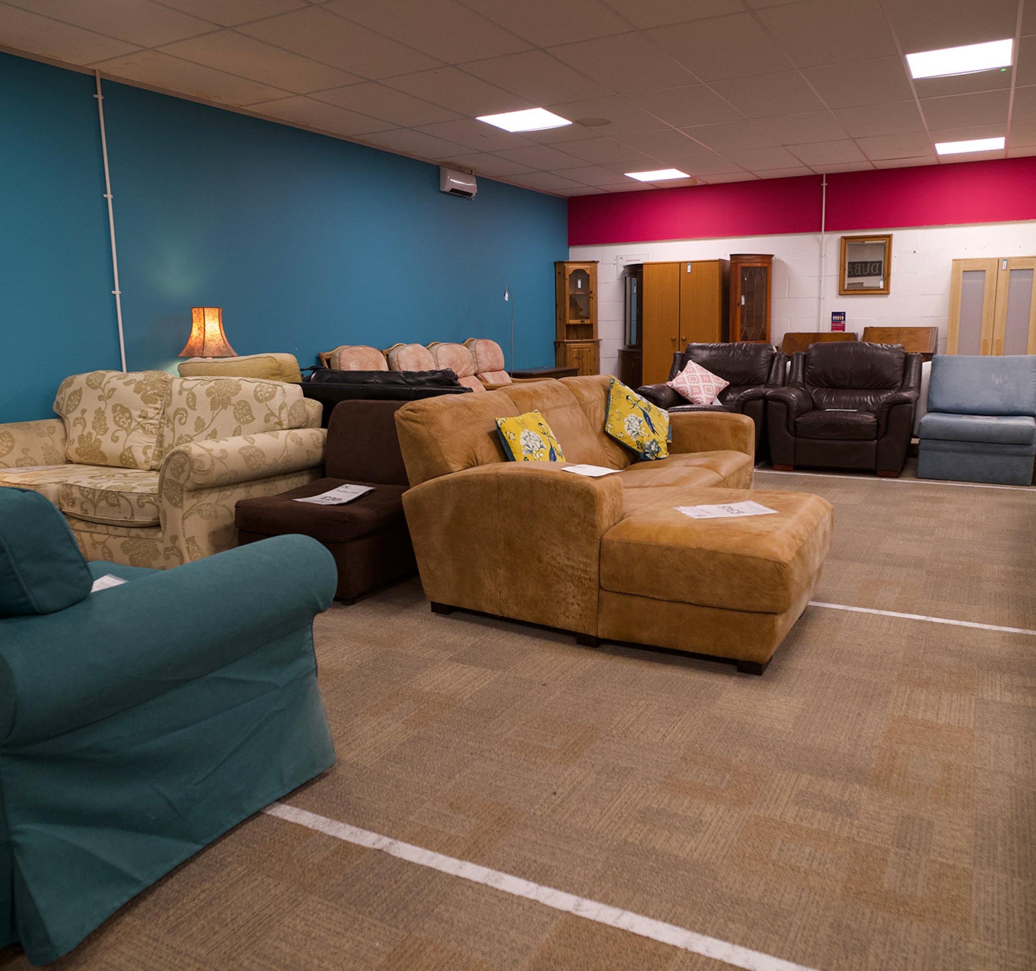 Furniture store interior with rows of diverse sofas and armchairs against teal and pink walls.