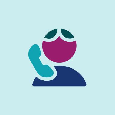 Graphic: Stylized person icon with purple head and blue body talking on a teal phone.