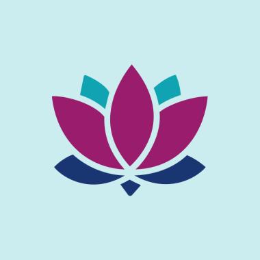 Stylized lotus flower logo with magenta, teal, and dark blue petals.