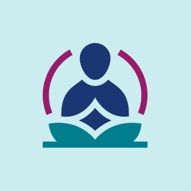 Graphic: Stylised blue person meditating on a teal lotus with magenta arcs.