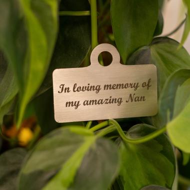 Metallic tag "In loving memory of my amazing Nan" hanging from a green plant.