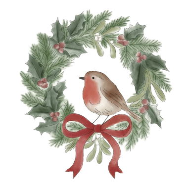 Graphic of a Christmas wreath with a robin, red bow, holly, and mistletoe.