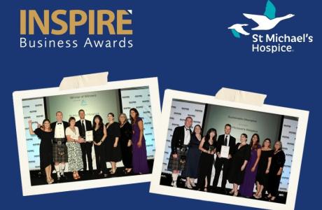 Graphic: Inspire Business Awards, St Michael's Hospice logo. Two photos of groups receiving awards.
