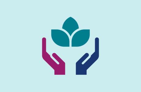 Graphic: Magenta and blue hands cupping a teal plant with three leaves.