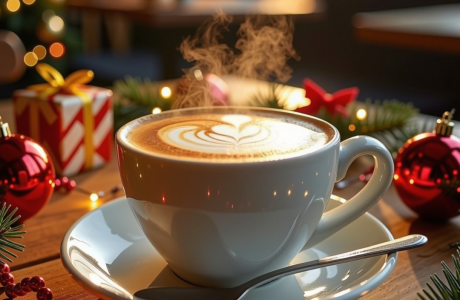Photograph of a coffee with a festive background