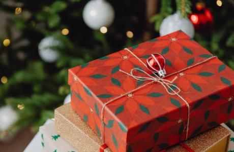 Image of a wrapped Christmas present under the tree