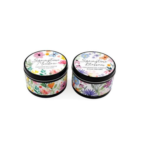 Two round floral candles, "Springtime Meadow" and "Springtime Blossom" labeled.