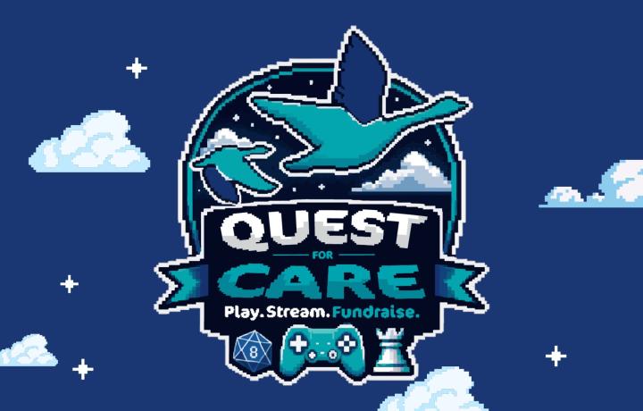 Pixel art logo: "Quest for Care: Play, Stream, Fundraise" with flying birds, die, controller, rook.