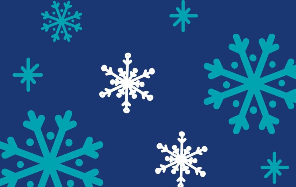 Graphic with scattered white and teal snowflakes on a dark blue background.