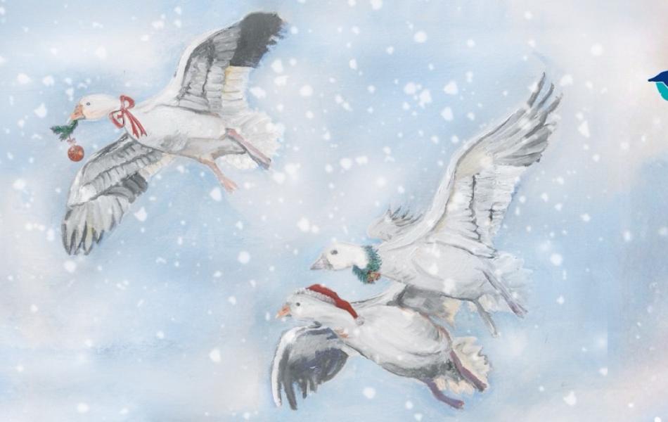Graphic: Three geese fly in a sparkling winter sky, wearing festive neck wreaths. St Michael's Hospice logo.