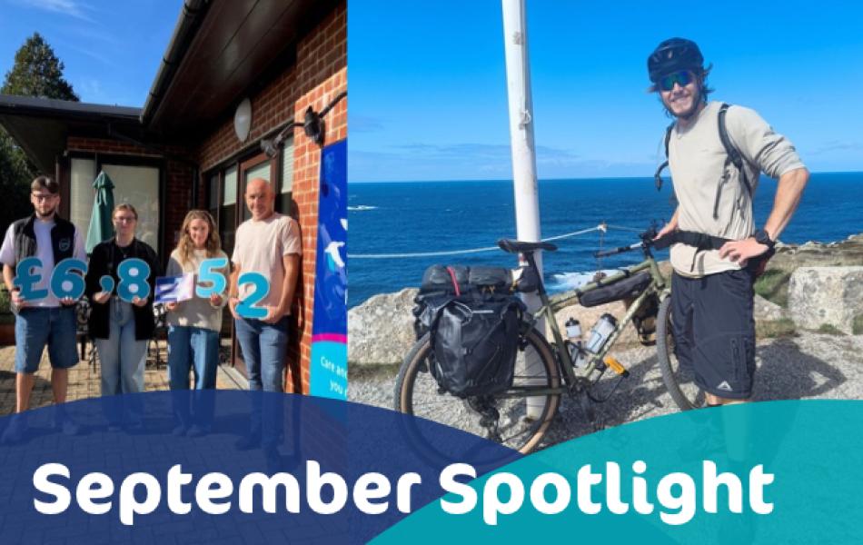 Photograph of a company smiling the camera outside our Hospice with the amount they raised in numbers, photograph of a supporter on their bike after doing a challenge for us
