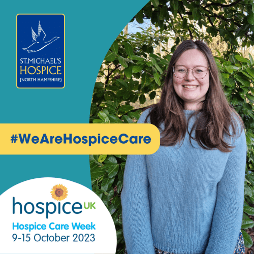 Woman with long brown hair standing infront of trees with Graphic overtop reading "we are hospice care"