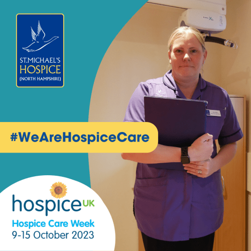 Woman in nurses outfit with clipboard and Graphic over the top saying "we are hospice care"