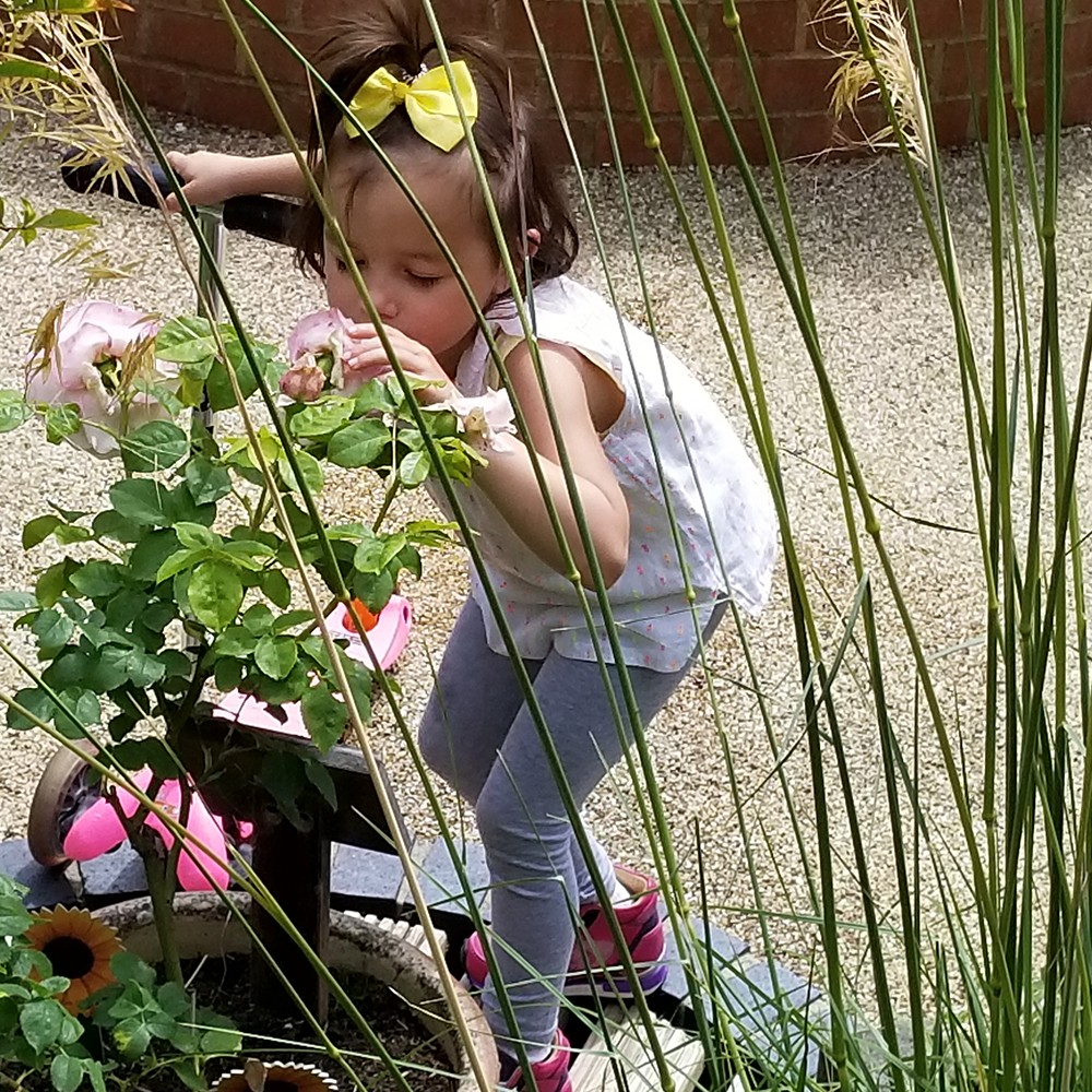 Sophie in Dad's favourite place at the Hospice