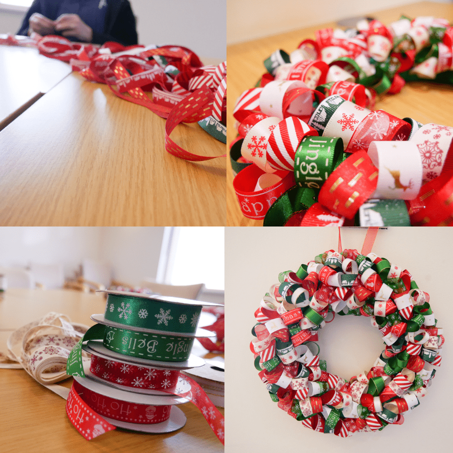 Images of ribbon wreaths being made