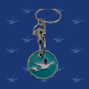 Picture of a trolly key ring featuring at St. Michael's Hospice goose on a blue background