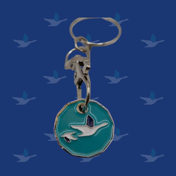 Picture of a trolly key ring featuring at St. Michael's Hospice goose on a blue background