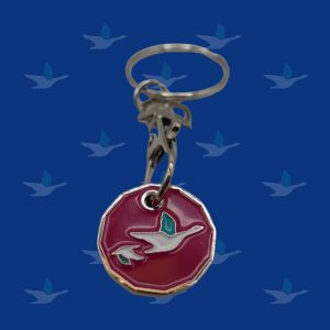 Photograph of a pink trolly keyring featuring the St. Michael's Hospice goose.
