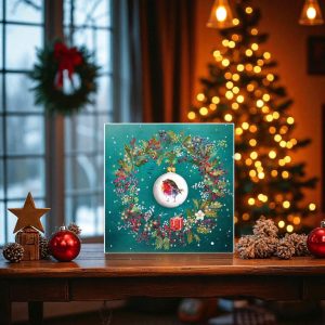 Fluffy Robin Wreath Christmas Card (Pack of 10)